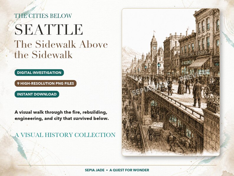 K&ouml;nnte beinhalten: Eine digitale Sammlung mit dem Titel The Cities Below Seattle The Sidewalk Above the Sidewalk, die eine historische Illustration in Sepia von einer mehrst&ouml;ckigen Stadtstra&szlig;e mit Fu&szlig;g&auml;ngern, Pferdekutschen und Backsteingeb&auml;uden zeigt.