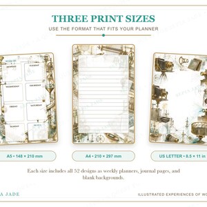 May include: Three printable planner pages featuring vintage scientific illustrations. The A5 page is a weekly planner, the A4 page is lined, and the US Letter page has a decorative border. Sizes are 148 x 210 mm, 210 x 297 mm, and 8.5 x 11 inches.