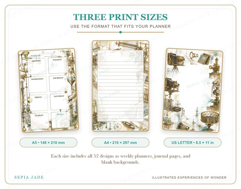 May include: Three printable planner pages featuring vintage scientific illustrations. The A5 page is a weekly planner, the A4 page is lined, and the US Letter page has a decorative border. Sizes are 148 x 210 mm, 210 x 297 mm, and 8.5 x 11 inches.