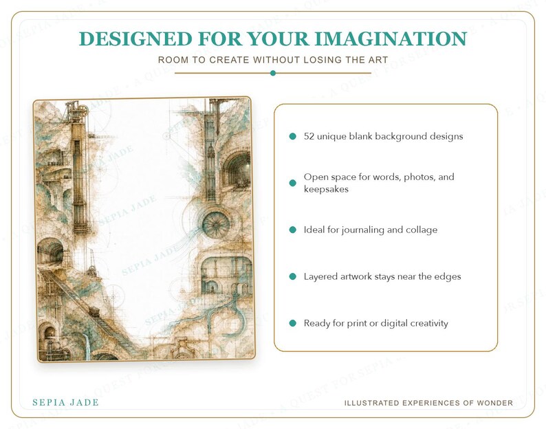 May include: A digital product display titled DESIGNED FOR YOUR IMAGINATION, ROOM TO CREATE WITHOUT LOSING THE ART. It features a rectangular graphic with sepia-toned industrial sketches and a list of five bullet points detailing 52 blank background designs.