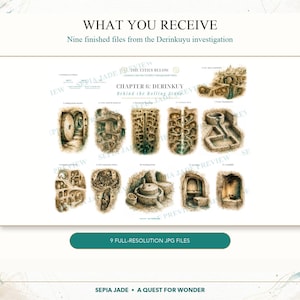 May include: A digital collection titled WHAT YOU RECEIVE, Nine finished files from the Derinkuyu investigation, featuring nine detailed illustrations of underground stone structures, tunnels, and chambers, labeled with text and presented as JPG files.