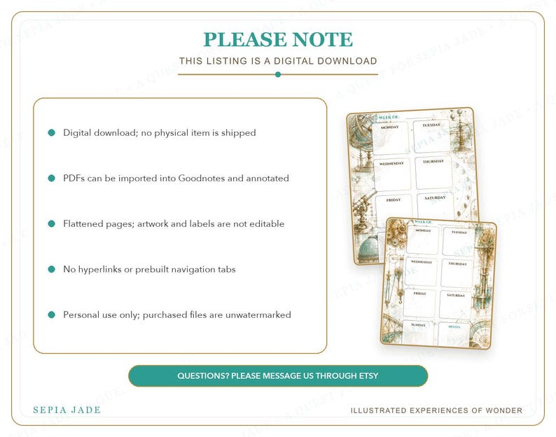 Puede incluir: Una p&aacute;gina de planificador de descarga digital con una ilustraci&oacute;n de mapa antiguo e instrumentos n&aacute;uticos. El texto dice PLEASE NOTE, THIS LISTING IS A DIGITAL DOWNLOAD, e incluye cinco puntos sobre el uso del archivo.