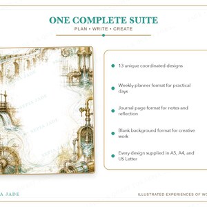 May include: A digital product suite titled ONE COMPLETE SUITE PLAN WRITE CREATE featuring 13 coordinated designs in A5, A4, and US Letter sizes. The image displays a decorative page border with industrial steampunk illustrations and a list of features.