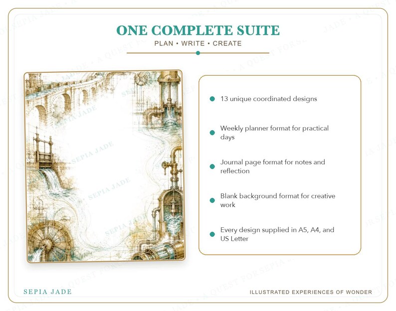 May include: A digital product suite titled ONE COMPLETE SUITE PLAN WRITE CREATE featuring 13 coordinated designs in A5, A4, and US Letter sizes. The image displays a decorative page border with industrial steampunk illustrations and a list of features.