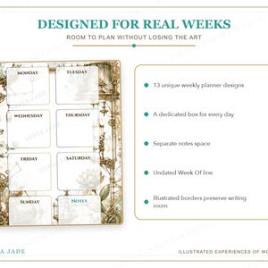 Puede incluir: Una p&aacute;gina de planificador semanal con el texto DESIGNED FOR REAL WEEKS y ROOM TO PLAN WITHOUT LOSING THE ART. El dise&ntilde;o presenta ocho cajas blancas etiquetadas de lunes a domingo y Notas, rodeadas de intrincadas ilustraciones doradas y verdes.