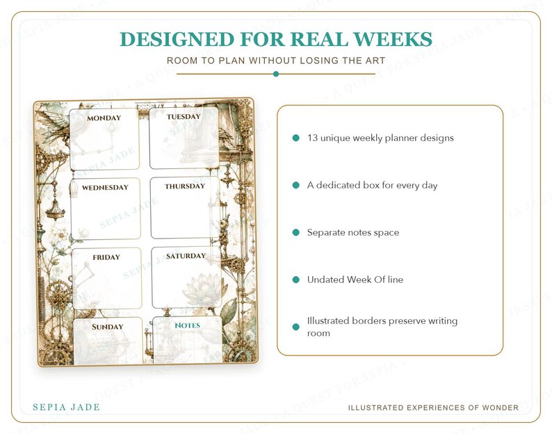 Puede incluir: Una p&aacute;gina de planificador semanal con el texto DESIGNED FOR REAL WEEKS y ROOM TO PLAN WITHOUT LOSING THE ART. El dise&ntilde;o presenta ocho cajas blancas etiquetadas de lunes a domingo y Notas, rodeadas de intrincadas ilustraciones doradas y verdes.