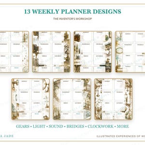 Puede incluir: Una colecci&oacute;n de 13 dise&ntilde;os de planificadores semanales titulados 13 WEEKLY PLANNER DESIGNS THE INVENTOR'S WORKSHOP. Las p&aacute;ginas presentan dise&ntilde;os de cuadr&iacute;cula para los d&iacute;as de la semana con ilustraciones en tono sepia de engranajes y puentes.