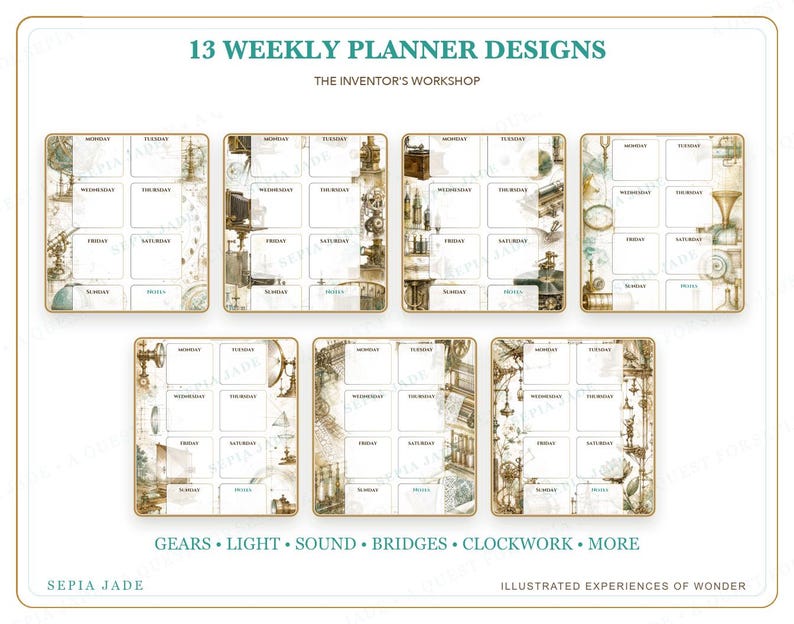 Puede incluir: Una colecci&oacute;n de 13 dise&ntilde;os de planificadores semanales titulados 13 WEEKLY PLANNER DESIGNS THE INVENTOR'S WORKSHOP. Las p&aacute;ginas presentan dise&ntilde;os de cuadr&iacute;cula para los d&iacute;as de la semana con ilustraciones en tono sepia de engranajes y puentes.