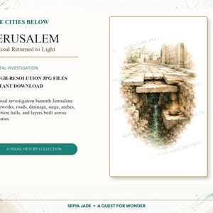 May include: A digital print titled THE CITIES BELOW JERUSALEM A Road Returned to Light featuring a sepia-toned watercolor illustration of an ancient stone road and underground water channel with arches, stone walls, and a small oil lamp on a ledge.