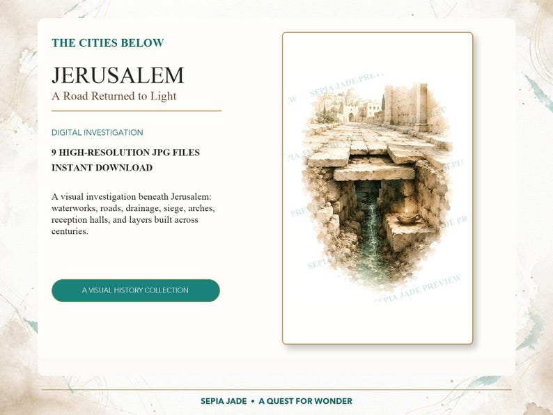 May include: A digital print titled THE CITIES BELOW JERUSALEM A Road Returned to Light featuring a sepia-toned watercolor illustration of an ancient stone road and underground water channel with arches, stone walls, and a small oil lamp on a ledge.