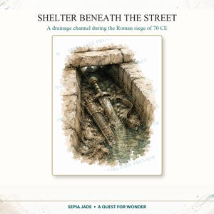 May include: A watercolor illustration titled SHELTER BENEATH THE STREET, A drainage channel during the Roman siege of 70 CE. It depicts a stone drainage channel containing a metallic sword and a scabbard partially submerged in murky water.