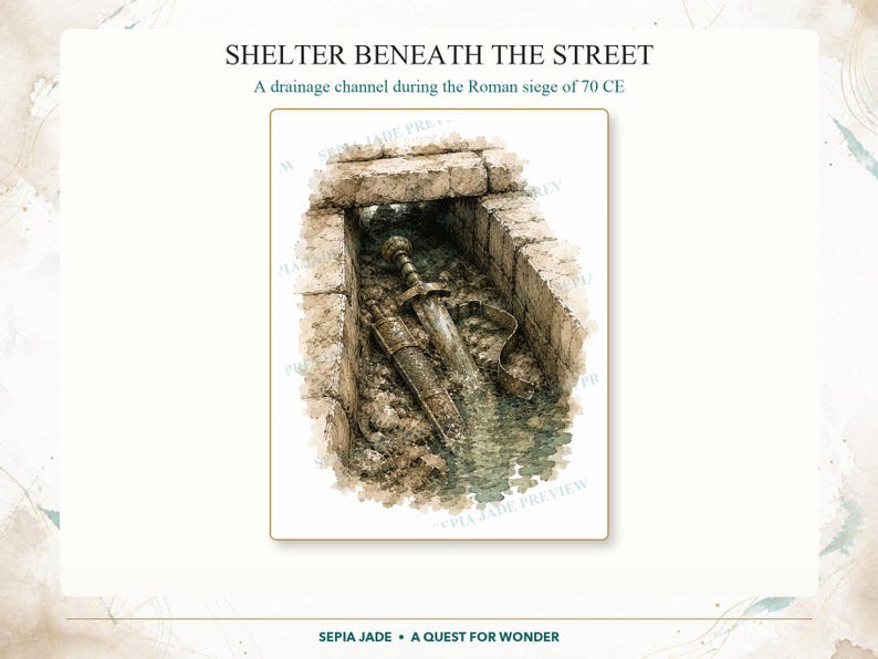 May include: A watercolor illustration titled SHELTER BENEATH THE STREET, A drainage channel during the Roman siege of 70 CE. It depicts a stone drainage channel containing a metallic sword and a scabbard partially submerged in murky water.