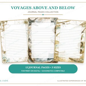 K&ouml;nnte beinhalten: Drei rechteckige Tagebuchseiten mit horizontalen Linien, die Illustrationen im Vintage-Stil mit nautischen und luftfahrtbezogenen Motiven in Sepiat&ouml;nen zeigen. Der Text lautet: VOYAGES ABOVE AND BELOW, JOURNAL PAGES COLLECTION.