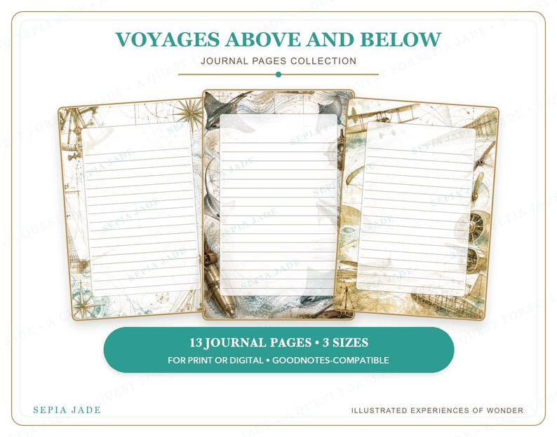 K&ouml;nnte beinhalten: Drei rechteckige Tagebuchseiten mit horizontalen Linien, die Illustrationen im Vintage-Stil mit nautischen und luftfahrtbezogenen Motiven in Sepiat&ouml;nen zeigen. Der Text lautet: VOYAGES ABOVE AND BELOW, JOURNAL PAGES COLLECTION.