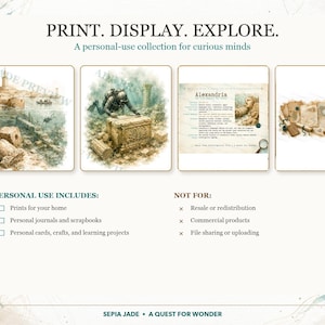 May include: A digital collection titled PRINT. DISPLAY. EXPLORE. A personal-use collection for curious minds. It features four rectangular panels showing historical illustrations of Alexandria, a diver, text, and old scrolls with a sepia tone.