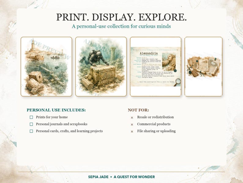 May include: A digital collection titled PRINT. DISPLAY. EXPLORE. A personal-use collection for curious minds. It features four rectangular panels showing historical illustrations of Alexandria, a diver, text, and old scrolls with a sepia tone.