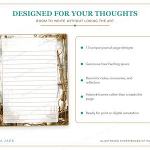 K&ouml;nnte beinhalten: Eine digitale Tagebuchseitenvorlage mit nautischem Thema, bei der Seile und Flaschenz&uuml;ge einen wei&szlig;en, linierten Schreibbereich einrahmen. Der Text enth&auml;lt DESIGNED FOR YOUR THOUGHTS, ROOM TO WRITE WITHOUT LOSING THE ART, 13 unique journal page designs und SEPIA JADE.