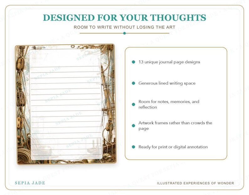 K&ouml;nnte beinhalten: Eine digitale Tagebuchseitenvorlage mit nautischem Thema, bei der Seile und Flaschenz&uuml;ge einen wei&szlig;en, linierten Schreibbereich einrahmen. Der Text enth&auml;lt DESIGNED FOR YOUR THOUGHTS, ROOM TO WRITE WITHOUT LOSING THE ART, 13 unique journal page designs und SEPIA JADE.
