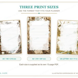 K&ouml;nnte beinhalten: Drei druckbare Planerseiten mit Illustrationen im Vintage-Stil. Die Gr&ouml;&szlig;en umfassen A5 (148 x 210 mm), A4 (210 x 297 mm) und US Letter (8,5 x 11 Zoll). Jede Seite bietet linierte Schreibfl&auml;chen und dekorative R&auml;nder. Der Text umfasst THREE PRINT SIZES, SEPIA JADE und ILLUSTRATED EXPERIENCES OF WONDER.