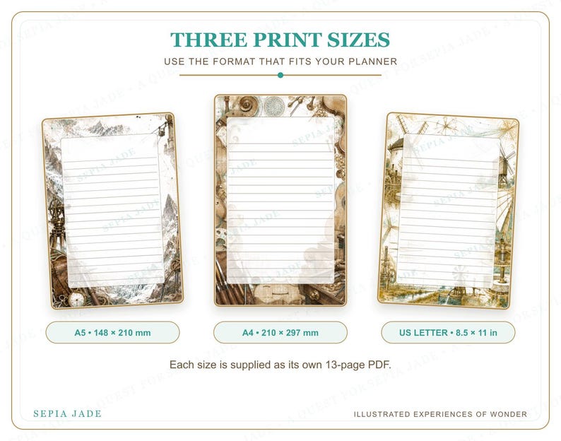 K&ouml;nnte beinhalten: Drei druckbare Planerseiten mit Illustrationen im Vintage-Stil. Die Gr&ouml;&szlig;en umfassen A5 (148 x 210 mm), A4 (210 x 297 mm) und US Letter (8,5 x 11 Zoll). Jede Seite bietet linierte Schreibfl&auml;chen und dekorative R&auml;nder. Der Text umfasst THREE PRINT SIZES, SEPIA JADE und ILLUSTRATED EXPERIENCES OF WONDER.
