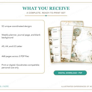 May include: A digital planner set featuring 52 coordinated designs, including weekly planners, journal pages, and blank backgrounds in A5, A4, and US Letter sizes. The set contains 468 pages across 3 PDF files with vintage-style globe and telescope illustrations.