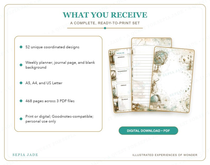 May include: A digital planner set featuring 52 coordinated designs, including weekly planners, journal pages, and blank backgrounds in A5, A4, and US Letter sizes. The set contains 468 pages across 3 PDF files with vintage-style globe and telescope illustrations.