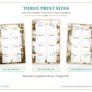 Puede incluir: Tres plantillas de impresi&oacute;n de agenda semanal con un borde de ilustraciones cient&iacute;ficas vintage. Los tama&ntilde;os incluyen A5 (148 x 210 mm), A4 (210 x 297 mm) y US Letter (8,5 x 11 pulgadas). Cada plantilla incluye secciones para d&iacute;as y notas.