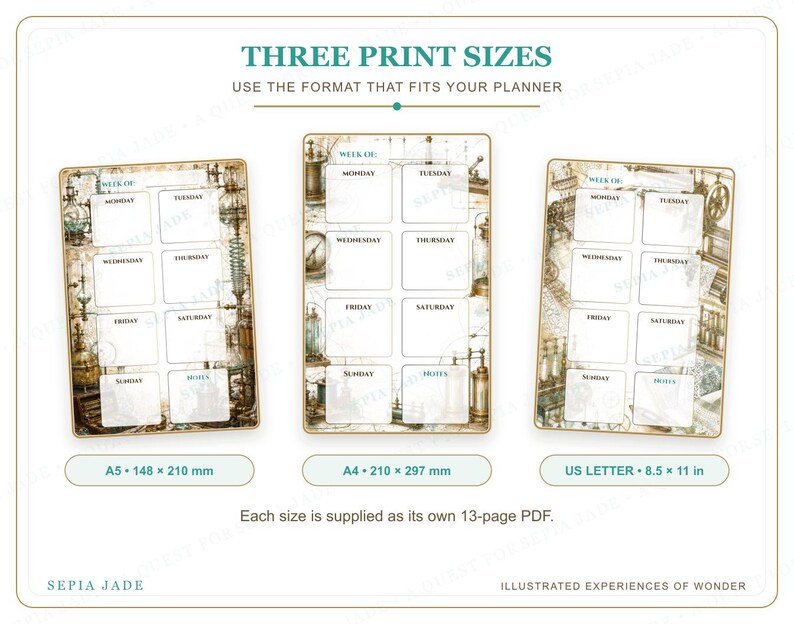 Puede incluir: Tres plantillas de impresi&oacute;n de agenda semanal con un borde de ilustraciones cient&iacute;ficas vintage. Los tama&ntilde;os incluyen A5 (148 x 210 mm), A4 (210 x 297 mm) y US Letter (8,5 x 11 pulgadas). Cada plantilla incluye secciones para d&iacute;as y notas.