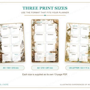 May include: Three weekly planner templates with vintage-style illustrations. The text reads THREE PRINT SIZES, USE THE FORMAT THAT FITS YOUR PLANNER, A5 148 x 210 mm, A4 210 x 297 mm, US LETTER 8.5 x 11 in, and Each size is supplied as its own 13-page PDF.