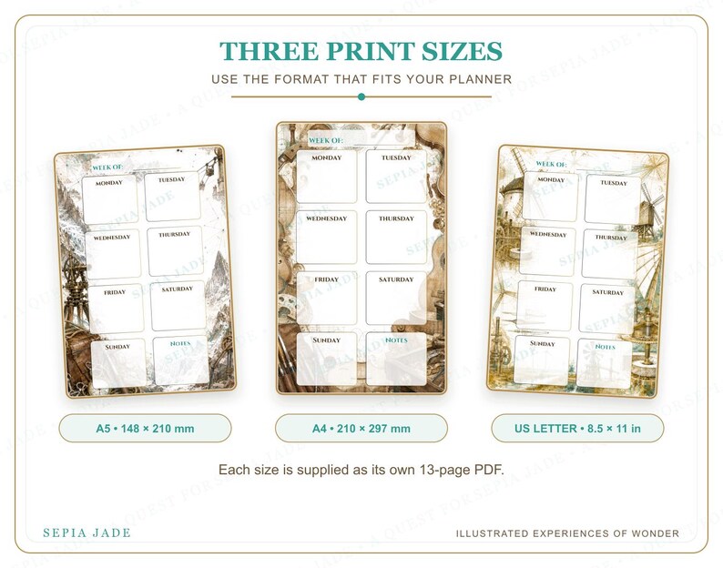 May include: Three weekly planner templates with vintage-style illustrations. The text reads THREE PRINT SIZES, USE THE FORMAT THAT FITS YOUR PLANNER, A5 148 x 210 mm, A4 210 x 297 mm, US LETTER 8.5 x 11 in, and Each size is supplied as its own 13-page PDF.
