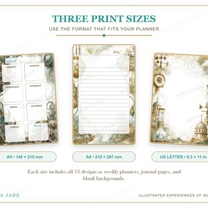 Op de afbeelding: Drie printbare plannerpagina's met steampunk-ge&iuml;nspireerde illustraties. De set bevat een A5-weekplanner, een gelinieerde A4-journalpagina en een US Letter-pagina van 8,5 x 11 inch, allemaal voorzien van mechanische motieven in vintage-stijl.