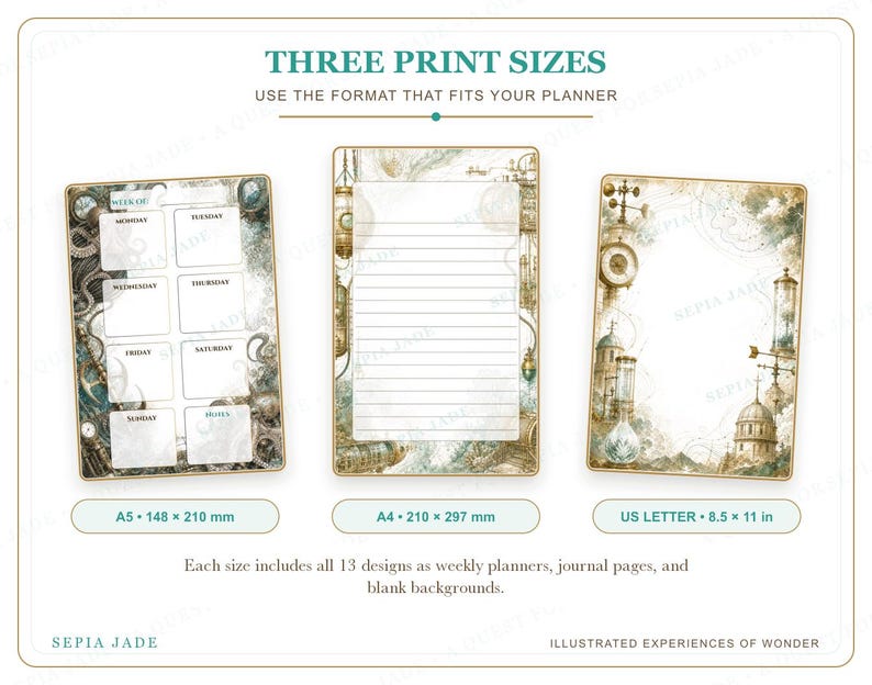 Op de afbeelding: Drie printbare plannerpagina's met steampunk-ge&iuml;nspireerde illustraties. De set bevat een A5-weekplanner, een gelinieerde A4-journalpagina en een US Letter-pagina van 8,5 x 11 inch, allemaal voorzien van mechanische motieven in vintage-stijl.