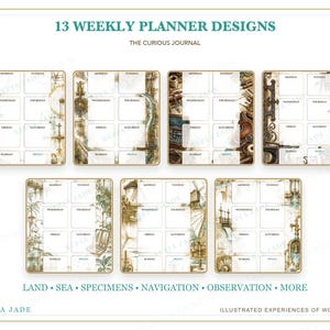 May include: A collection of seven weekly planner page designs titled 13 WEEKLY PLANNER DESIGNS THE CURIOUS JOURNAL. Each page features a grid for days of the week surrounded by detailed illustrations of vintage machinery, nature, and nautical themes.