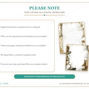 Op de afbeelding: Een digitaal download-informatieblad met twee briefpapierpagina's met nautische illustraties. De tekst bevat PLEASE NOTE, THIS LISTING IS A DIGITAL DOWNLOAD en opsommingstekens over het gebruik van bestanden, eindigend met SEPIA JADE.