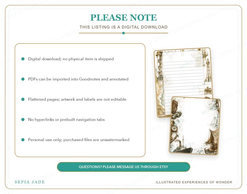 Op de afbeelding: Een digitaal download-informatieblad met twee briefpapierpagina's met nautische illustraties. De tekst bevat PLEASE NOTE, THIS LISTING IS A DIGITAL DOWNLOAD en opsommingstekens over het gebruik van bestanden, eindigend met SEPIA JADE.