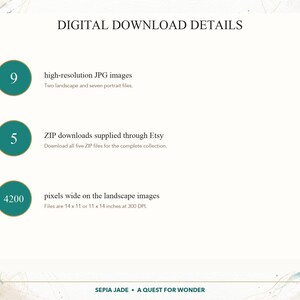 May include: Digital download details graphic with the title DIGITAL DOWNLOAD DETAILS. It lists 9 high-resolution JPG images, 5 ZIP downloads supplied through Etsy, and 4200 pixels wide on the landscape images, with files at 14 x 11 inches at 300 DPI.