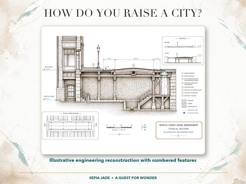 K&ouml;nnte beinhalten: Ein architektonisches Querschnittsdiagramm mit dem Titel HOW DO YOU RAISE A CITY? das eine Stra&szlig;enh&ouml;henverbesserung in Seattle zeigt. Die technische Zeichnung enth&auml;lt nummerierte Strukturdetails, eine Skala in Fu&szlig; und einen Stadtblockplan.