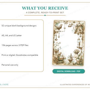 May include: A digital download set featuring 52 blank background designs in A5, A4, and US Letter sizes. The set includes 156 pages across 3 PDF files, compatible with Goodnotes. The visual shows a rectangular page border with intricate mechanical, bird, and floral illustrations in sepia tones.