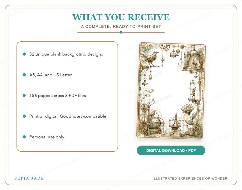 May include: A digital download set featuring 52 blank background designs in A5, A4, and US Letter sizes. The set includes 156 pages across 3 PDF files, compatible with Goodnotes. The visual shows a rectangular page border with intricate mechanical, bird, and floral illustrations in sepia tones.