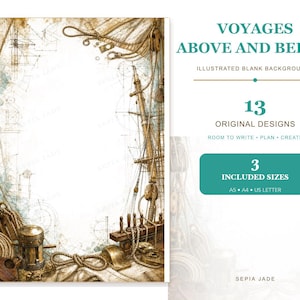 Pu&ograve; includere: Un set di cancelleria digitale intitolato VOYAGES ABOVE AND BELOW con 13 sfondi vuoti illustrati a tema nautico, inclusi corde, carrucole e alberi di navi. Sono incluse tre dimensioni: A5, A4 e US Letter.