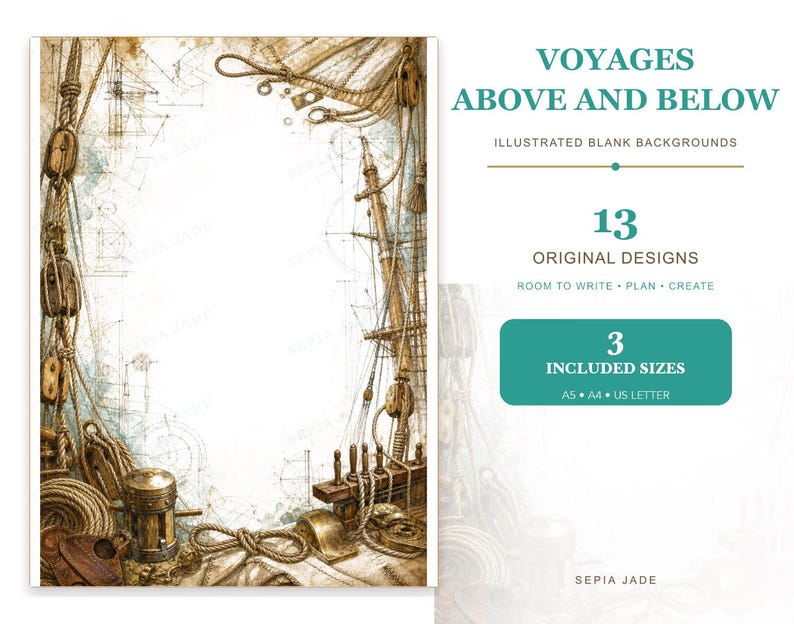 Pu&ograve; includere: Un set di cancelleria digitale intitolato VOYAGES ABOVE AND BELOW con 13 sfondi vuoti illustrati a tema nautico, inclusi corde, carrucole e alberi di navi. Sono incluse tre dimensioni: A5, A4 e US Letter.