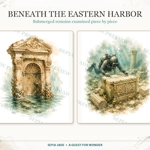 May include: Two watercolour illustrations titled BENEATH THE EASTERN HARBOR. The left shows a submerged stone archway. The right depicts a scuba diver measuring a stone block with a shell carving. Text reads: Submerged remains examined piece by piece.