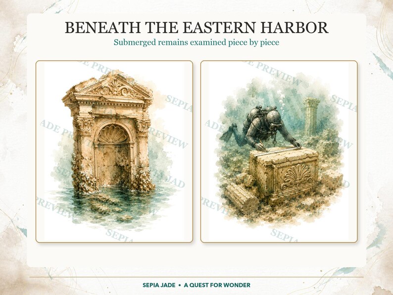 May include: Two watercolour illustrations titled BENEATH THE EASTERN HARBOR. The left shows a submerged stone archway. The right depicts a scuba diver measuring a stone block with a shell carving. Text reads: Submerged remains examined piece by piece.