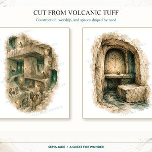 May include: Two watercolor-style illustrations titled CUT FROM VOLCANIC TUFF. The left image depicts a multi-level underground dwelling with figures carrying baskets. The right image shows a stone altar inside a cave with a cross on the wall.