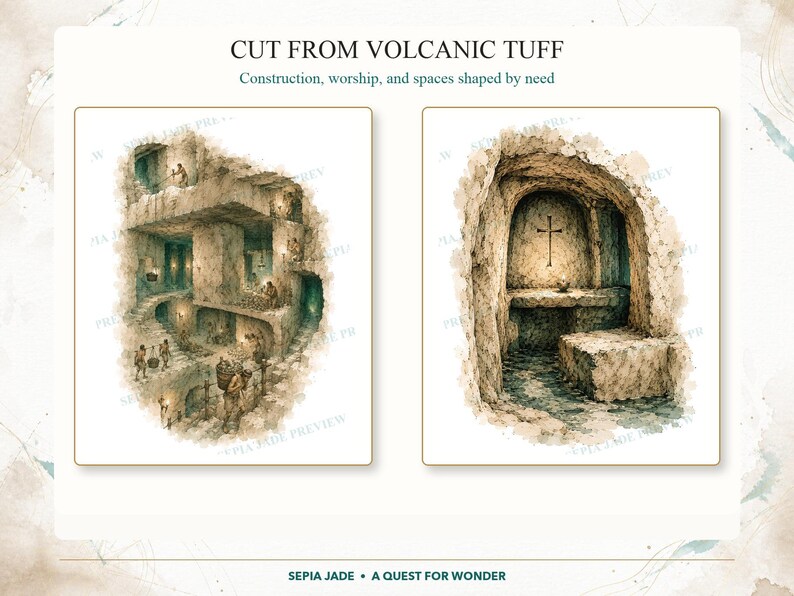 May include: Two watercolor-style illustrations titled CUT FROM VOLCANIC TUFF. The left image depicts a multi-level underground dwelling with figures carrying baskets. The right image shows a stone altar inside a cave with a cross on the wall.