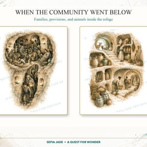 May include: Two sepia-toned illustrations titled WHEN THE COMMUNITY WENT BELOW: Families, provisions, and animals inside the refuge. The left image shows people gathered in a cave dwelling. The right image depicts storage areas with jars, grain, and livestock.