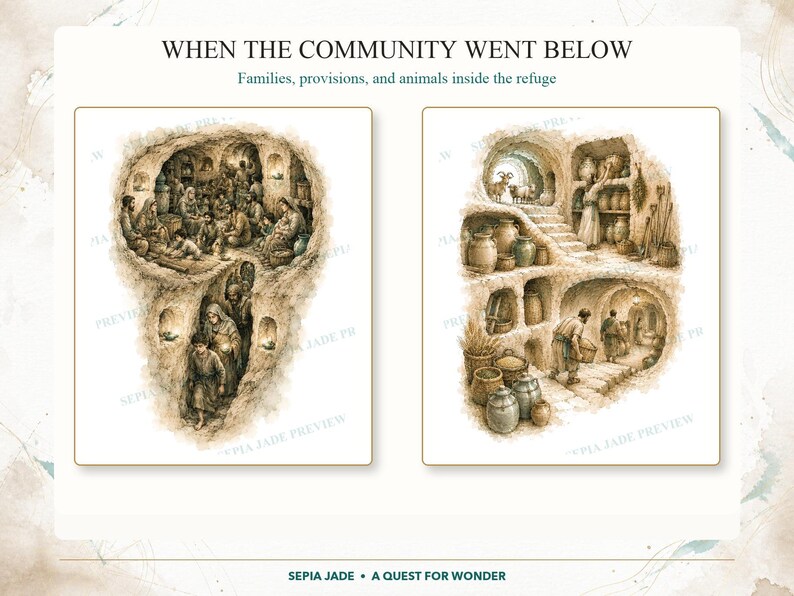 May include: Two sepia-toned illustrations titled WHEN THE COMMUNITY WENT BELOW: Families, provisions, and animals inside the refuge. The left image shows people gathered in a cave dwelling. The right image depicts storage areas with jars, grain, and livestock.
