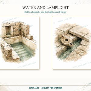 May include: Two watercolor illustrations titled WATER AND LAMPLIGHT. The left shows a stone bath with steps leading into water. The right shows an ancient oil lamp resting on stone blocks beside a narrow water channel. Text reads SEPIA JADE A QUEST FOR WONDER.