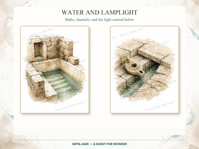 May include: Two watercolor illustrations titled WATER AND LAMPLIGHT. The left shows a stone bath with steps leading into water. The right shows an ancient oil lamp resting on stone blocks beside a narrow water channel. Text reads SEPIA JADE A QUEST FOR WONDER.