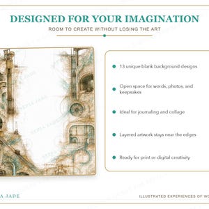 May include: A digital graphic featuring the text DESIGNED FOR YOUR IMAGINATION and ROOM TO CREATE WITHOUT LOSING THE ART. It displays a rectangular frame with brown and teal industrial-style illustrations and a list of 13 blank background designs.